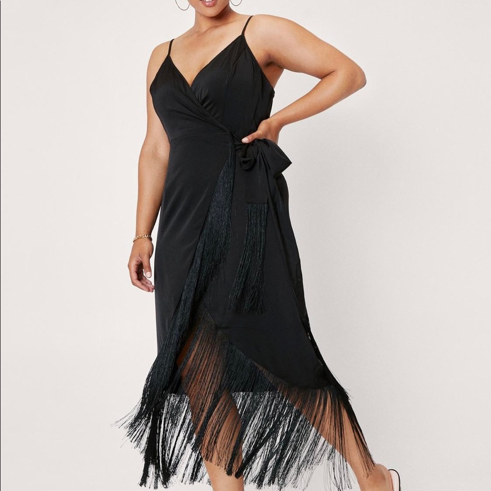 NWT Plus Size Nasty Gal Satin Midi Wrap Dress w/ Fringe Trim